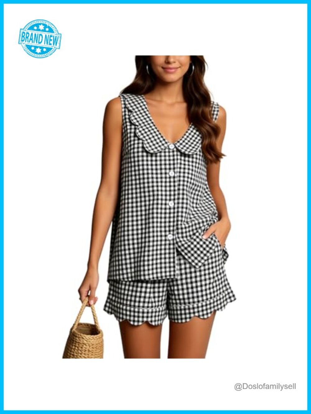 Womens Gingham Plaid 2 Piece Lounge Set Sleeveless Button Top & Shorts
